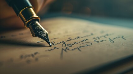 A classic fountain pen rests upon an aged paper with handwritten cursive text, evoking nostalgia - obrazy, fototapety, plakaty