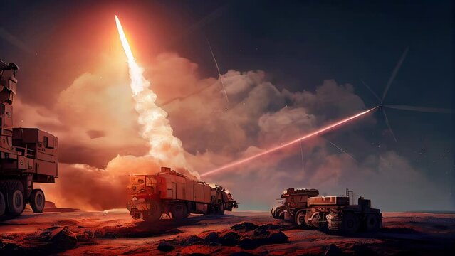 Missile defense system made of anti-missile tanks to intercept and destroy attacking missiles in the sky. Air defense shield against intercontinental ballistic missiles. AI-generated.