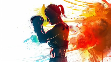 Silhouette of a female boxer in an Abstract Setting in the style of abstract art on a white background - obrazy, fototapety, plakaty
