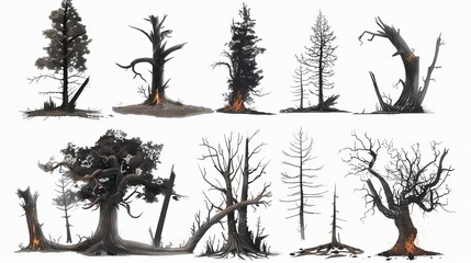 set of big trees dead and burned assets pack, white plain background 
