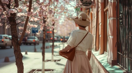 Elegant lady in a vintage dress and hat admiring cherry blossoms in the city. Springtime fashion and serenity concept. Design for travel blog, fashion article, or seasonal event