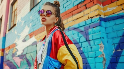 Fashion-forward woman in a colorful jacket posing against a vibrant graffiti wall. Urban chic and creative expression concept. Design for fashion editorial, street art promotion, or lifestyle brand - obrazy, fototapety, plakaty