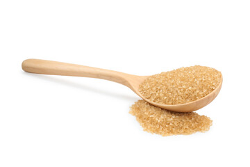 Pile of brown sugar and wooden spoon isolated on white