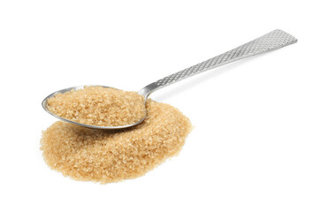 Pile of brown sugar and spoon isolated on white