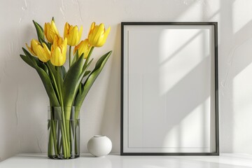 poster layout. White frame. In the interior with a vase of tulips