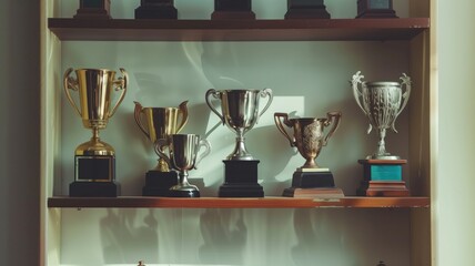 Assortment of Trophy Awards on Wooden Shelf