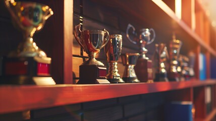 Shelf of various trophies against a dark wood background