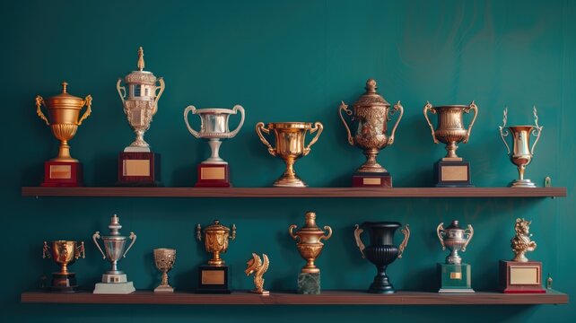 An elegant collection of trophies on shelves against a teal backdrop
