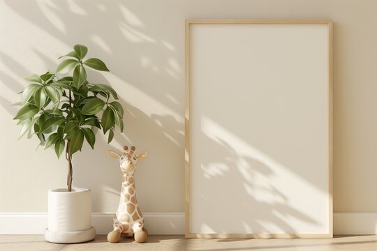 poster layout. White frame. In the interior of a children's room with a giraffe