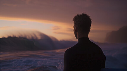 Silhouette of a person against a dramatic ocean wave at dusk