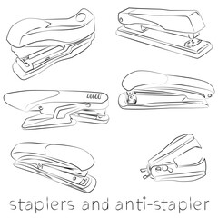 Set of vector contour isolated objects - stationery staplers of different models and an anti-stapler. - obrazy, fototapety, plakaty