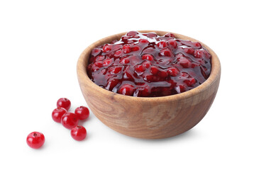 Tasty cranberry sauce in bowl and fresh berries isolated on white