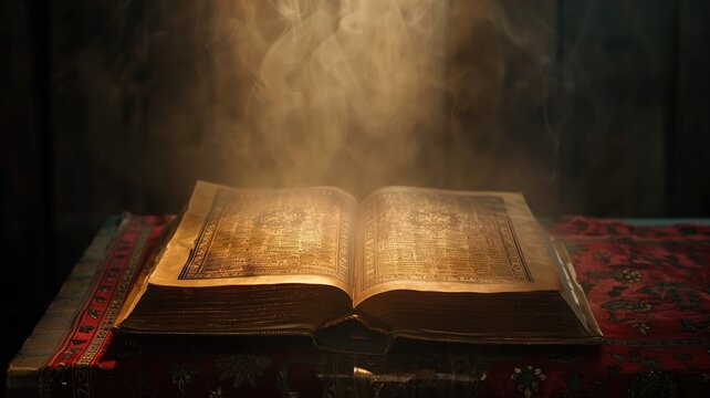 An open ancient book with mystical smoke rising on a vintage tablecloth