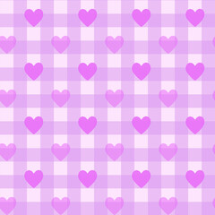 Gingham pattern and heart seamless Plaid repeat in purple. Design for print, tartan, gift wrap, textiles, checkered background for tablecloth