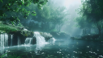 Waterfall Flowing Through Lush Forest