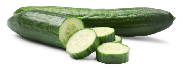 Whole and cut long cucumbers isolated on white