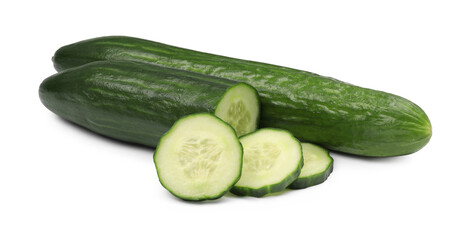 Whole and cut long cucumbers isolated on white