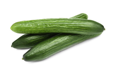 Many long fresh cucumbers isolated on white