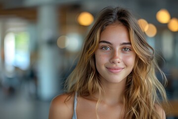 Obraz premium Close-up of a serene blonde teenager with striking blue eyes smiling gently at the camera