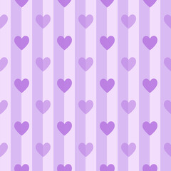 Purple and white vertical stripes and heart seamless background