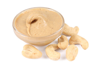 Delicious nut butter and cashews isolated on white
