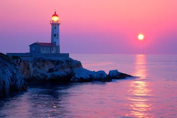 Fototapeten Lighthouse searchlight beam through marine air at night. © Tjeerd