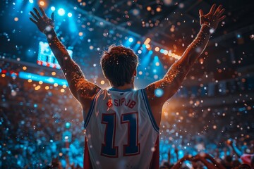 Back view of basketball player expressing triumph with open arms in crowded arena, emotionally charged moment