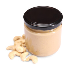 Tasty nut paste in jar and cashews isolated on white