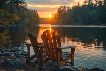 Two Adirondack chairs are set by a lake, inviting contemplation with a view of the sun dipping below the horizon