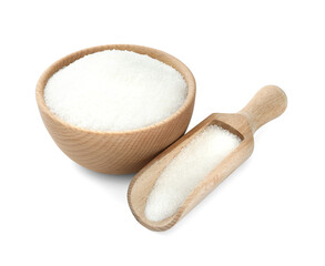 Granulated sugar in bowl and scoop isolated on white