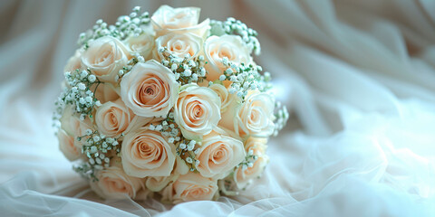 Wedding bouquet with white roses, succulents and green leaves on a satin sheed. Stems wrapped in white satin ribbon.