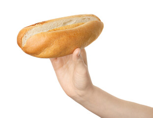 Woman with fresh hot dog bun on white background, closeup