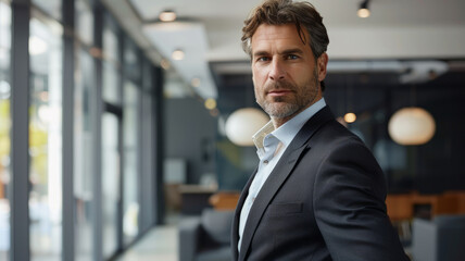 Naklejka premium A confident businessman in a suit standing in his office.