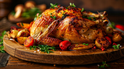 Grilled whole chicken dinner, delicious and homemade. - obrazy, fototapety, plakaty