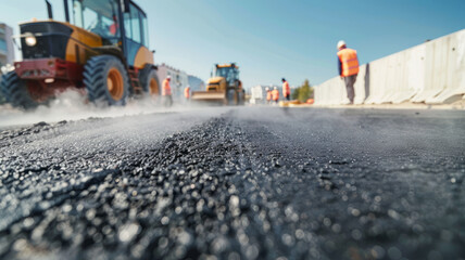 Construction workers using machinery to pave a road with hot asphalt.