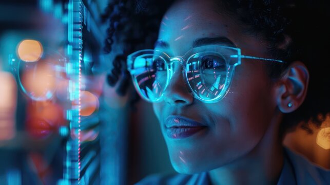 Innovative work team meeting via hologram minimalist style close up on young leader s smile
