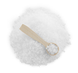 Heap of natural salt and wooden spoon isolated on white, top view