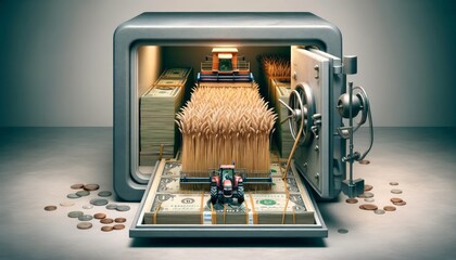  The Farmer's Harvest. In a surreal blend, a farmer drives through wheat sprouting from a banknote atop an open safe, symbolizing the intertwining of agriculture and financial prosperity. - obrazy, fototapety, plakaty