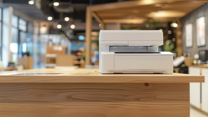 A white digital copier scanner on an office desk.