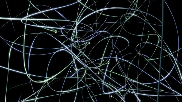 Abstract 3d render of small green and blue orbs with long trailing tails in rapid movement around each other.