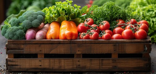 Wooden crate of farm fresh vegetables with cauliflower, tomatoes, zucchini, turnips