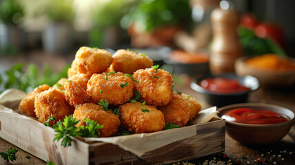 Fried breaded nuggets with delicious sauce.