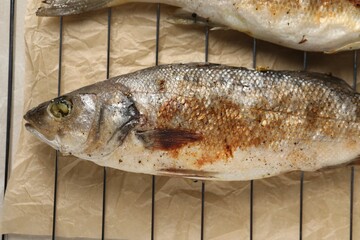 Baked fish on cooling rack, flat lay