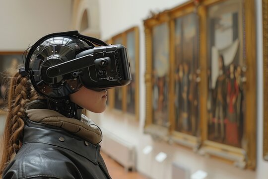 A woman wearing VR virtual reality glasses stands next to the paintings
