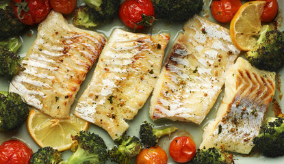 Pieces of delicious baked cod with vegetables and spices in dish, top view