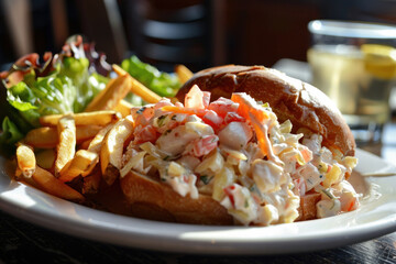 Maine style lobster roll on a white plate with side of French fries and lettuce.