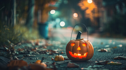 Jack-o'-lantern on an autumn evening street.