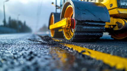 Road construction machinery working on an asphalt highway. - obrazy, fototapety, plakaty