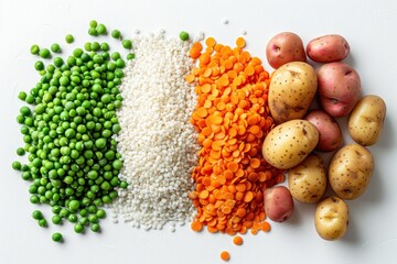 Overhead image of legumes and potatoes, with white background