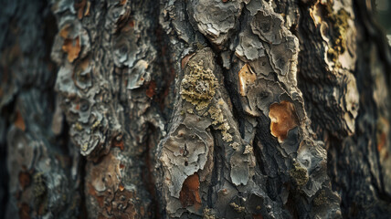 Closeup of textured tree bark in forest.